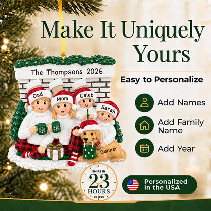 Make it yours: add names, family name and year to the personalized family of 4 with dog Christmas ornament