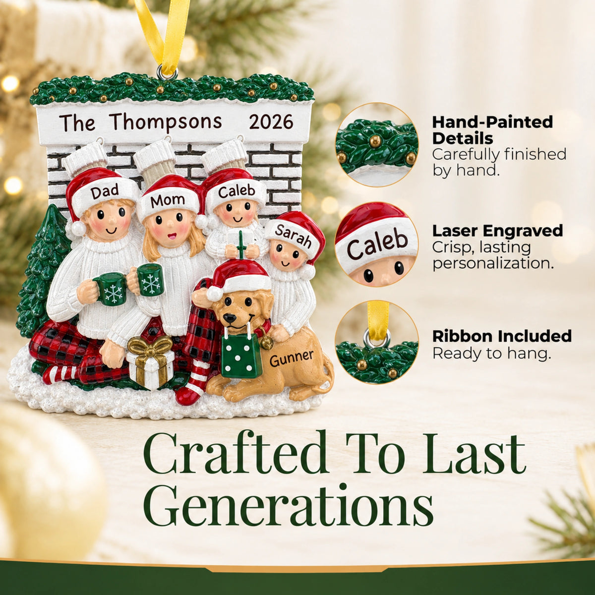 Hand-painted, laser-engraved personalized family of 4 with dog Christmas ornament with ribbon ready to hang