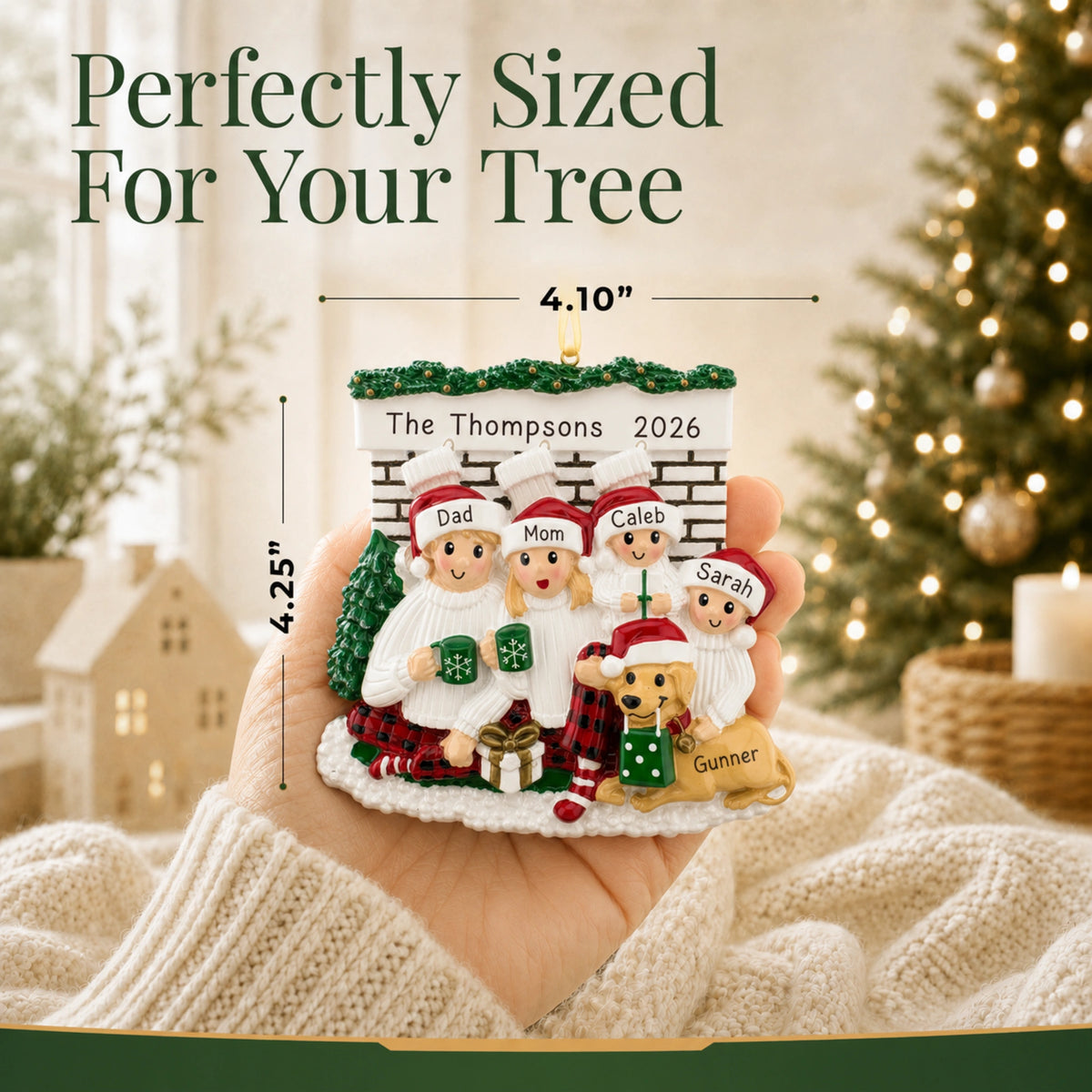 Personalized family of 4 with dog fireplace Christmas ornament held in hand, about 4 inches wide for your tree