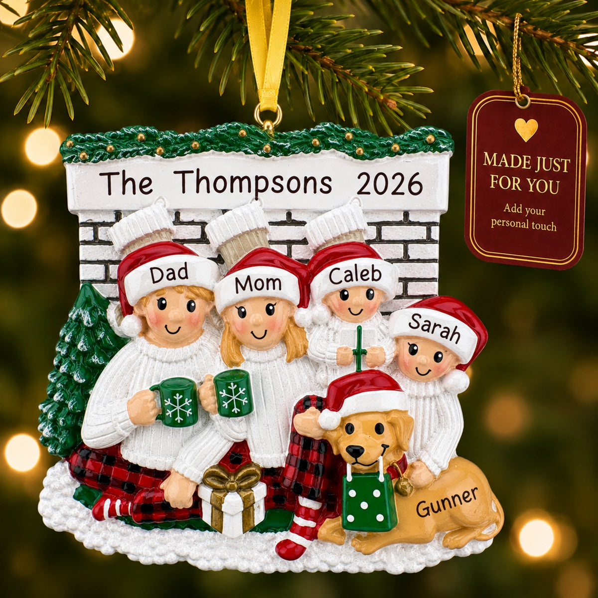 Personalized family of 4 with dog fireplace Christmas ornament on tree with a Made Just For You gift tag