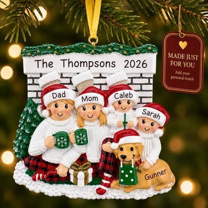 Personalized family of 4 with dog fireplace Christmas ornament on tree with a Made Just For You gift tag