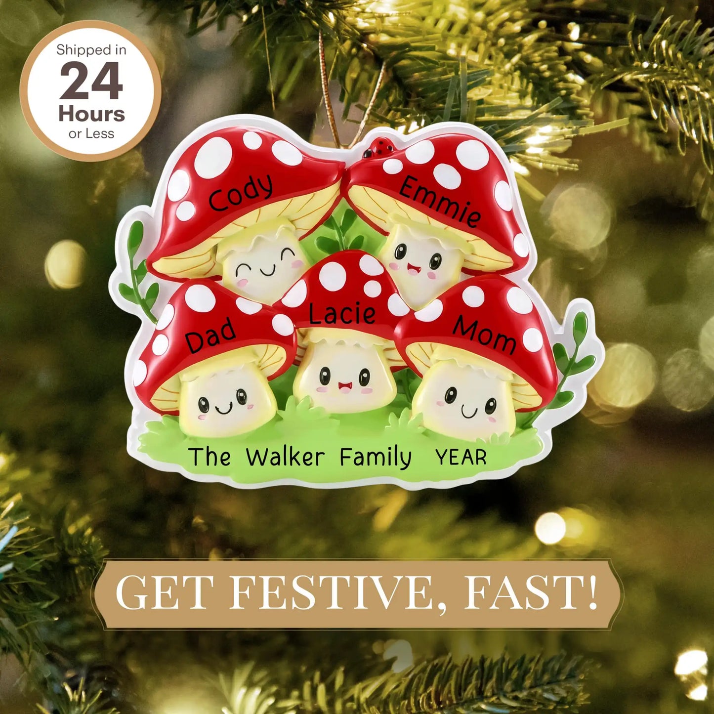 Mushroom Family of 5 Christmas Ornament