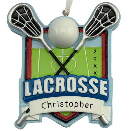 Personalized lacrosse ornament with crossed sticks, ball, and custom name and year
