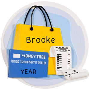 Personalized shopaholic Christmas ornament for shopping lovers, custom name and year laser engraved