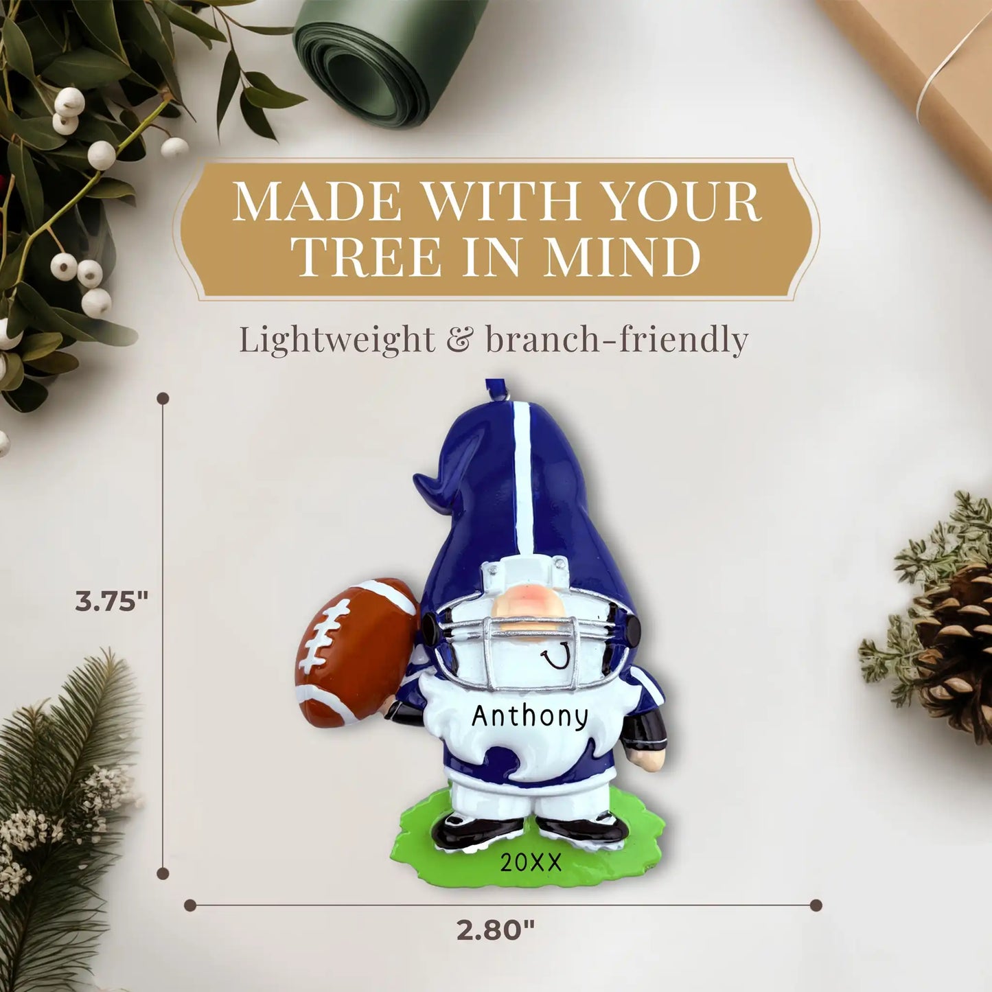 Adorno personalizado de gnomo de jugador de fútbol