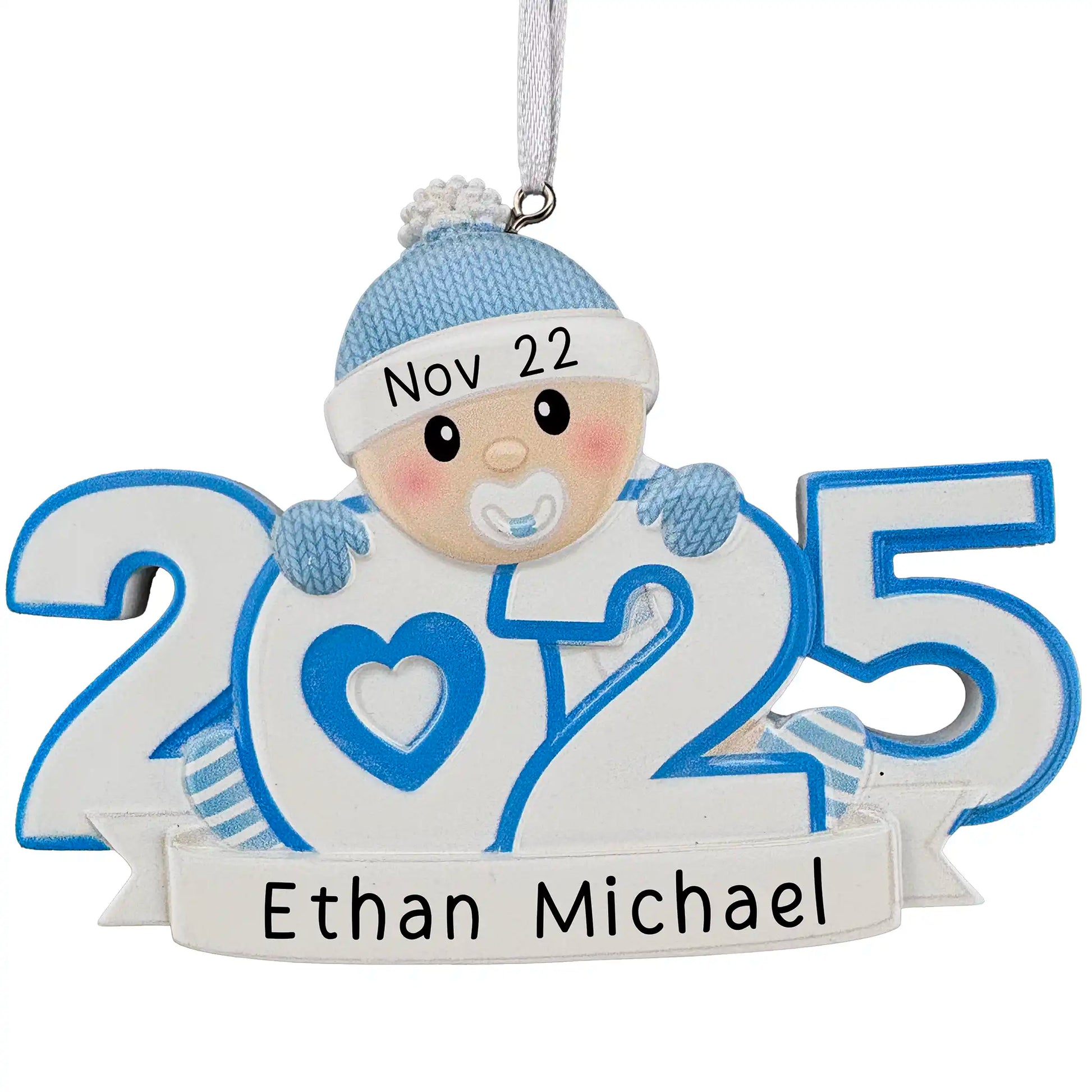 Baby’s First Christmas 2025 ornament in blue with pacifier, personalized with name and date