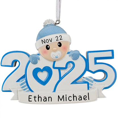 Baby’s First Christmas 2025 ornament in blue with pacifier, personalized with name and date
