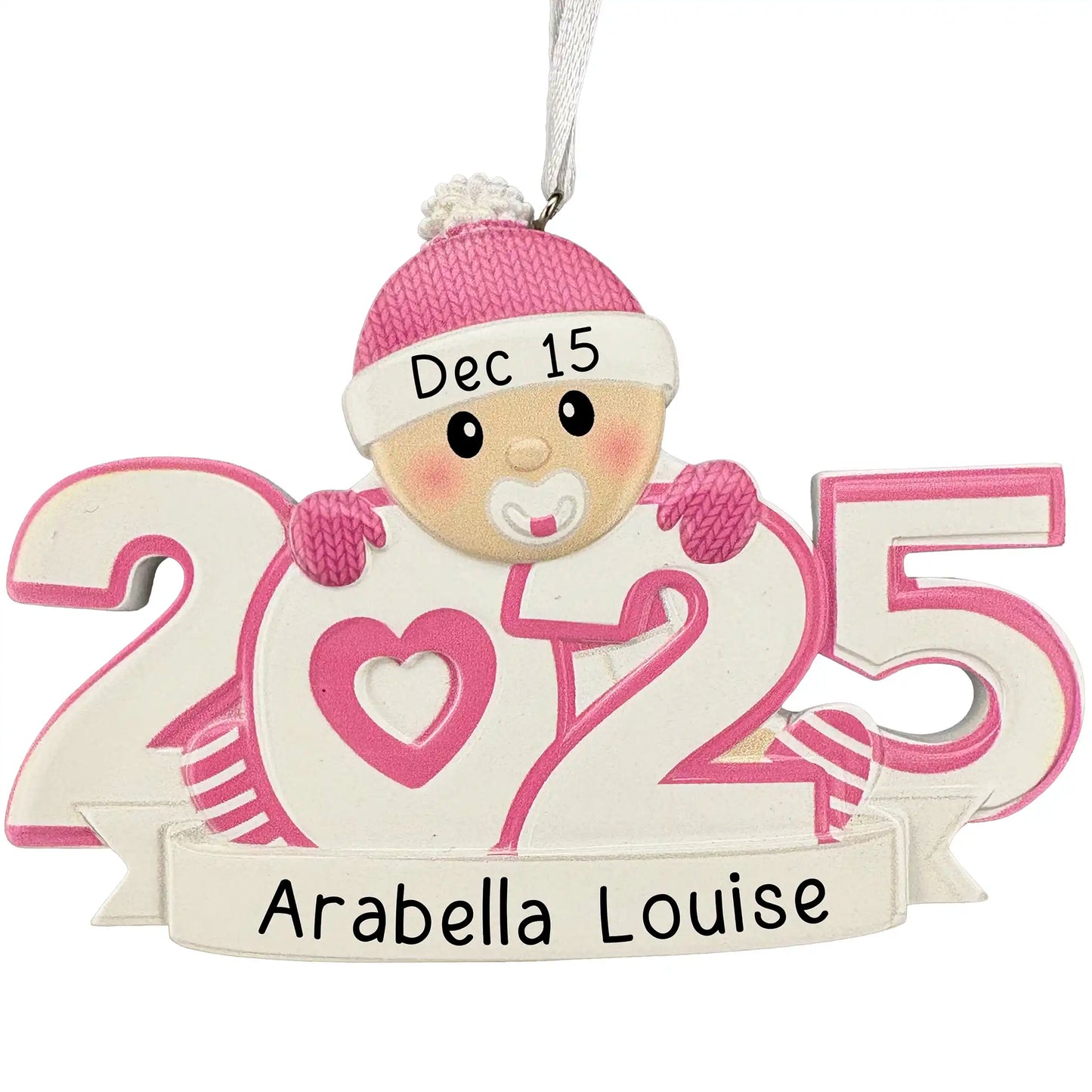 Baby’s First Christmas 2025 ornament in pink with pacifier, personalized with name and date