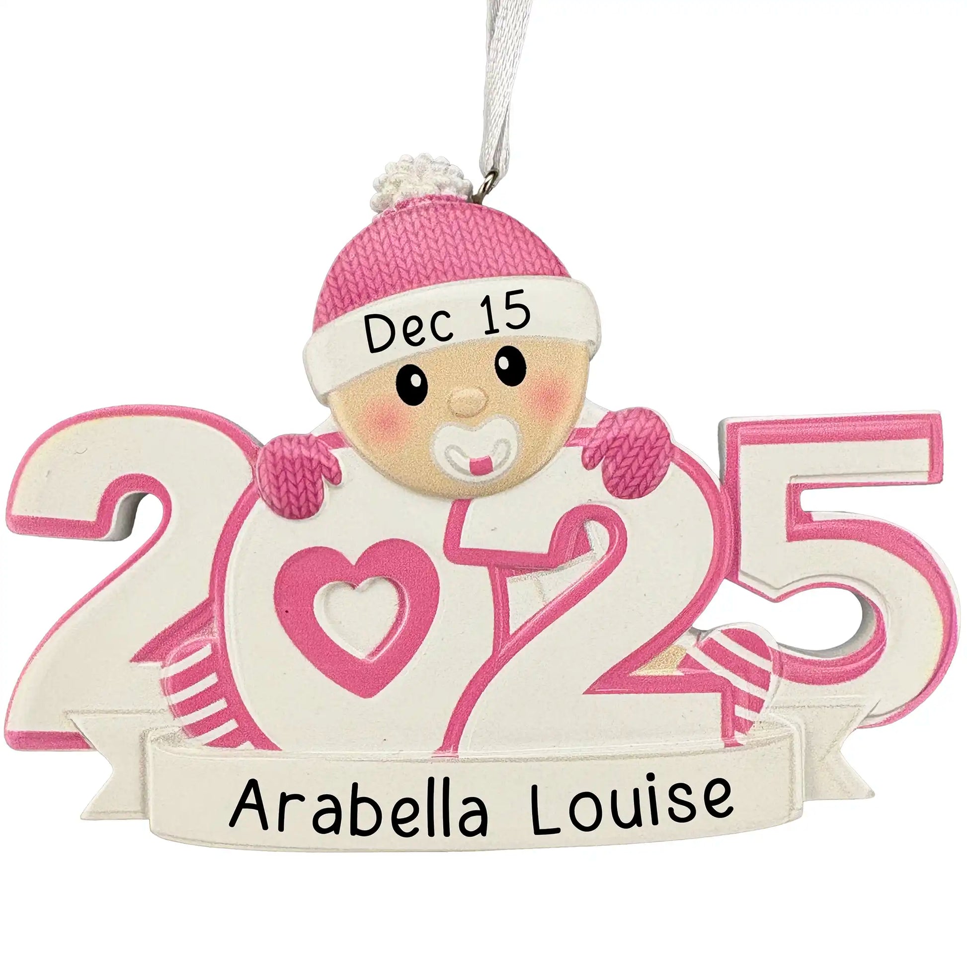 Baby’s First Christmas 2025 ornament in pink with pacifier, personalized with name and date