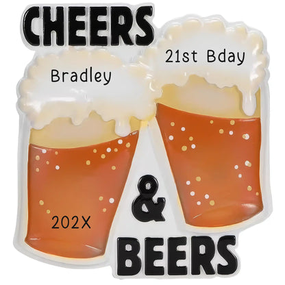 Personalized Cheers and Beers Christmas ornament with two foamy beer mugs and engraved names and year
