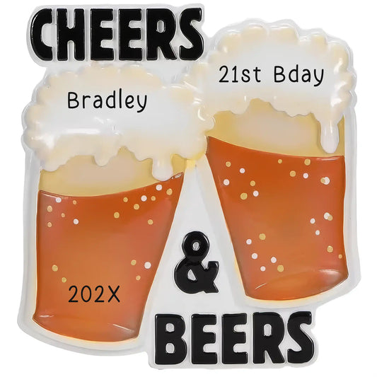Personalized Cheers and Beers Christmas ornament with two foamy beer mugs and engraved names and year

