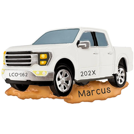 White pickup truck Christmas ornament personalized with name and year for car or truck lovers