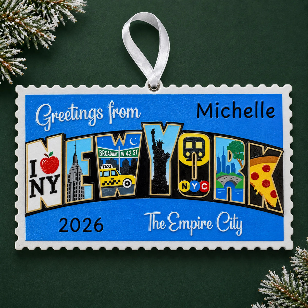 Personalized New York City postcard christmas ornament, a Greetings from New York postcard, on a dark green pine background