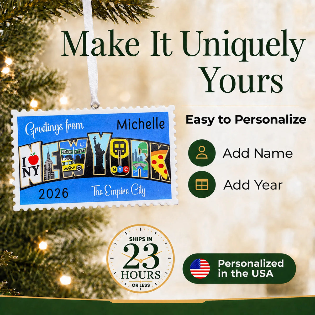 Make it yours: add name and year to the personalized New York City postcard christmas ornament