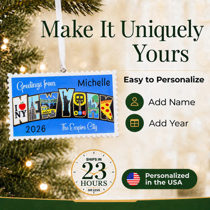 Make it yours: add name and year to the personalized New York City postcard christmas ornament