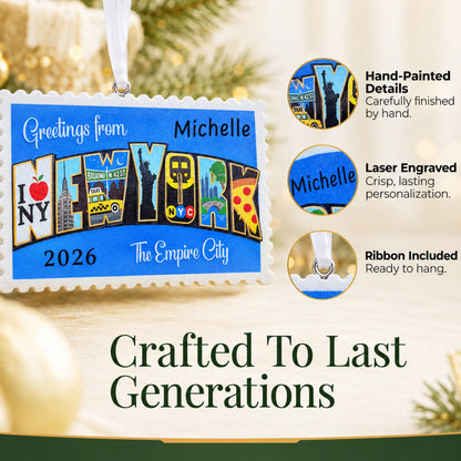 Hand-painted details and laser engraved personalization on the New York City postcard christmas ornament, ribbon included