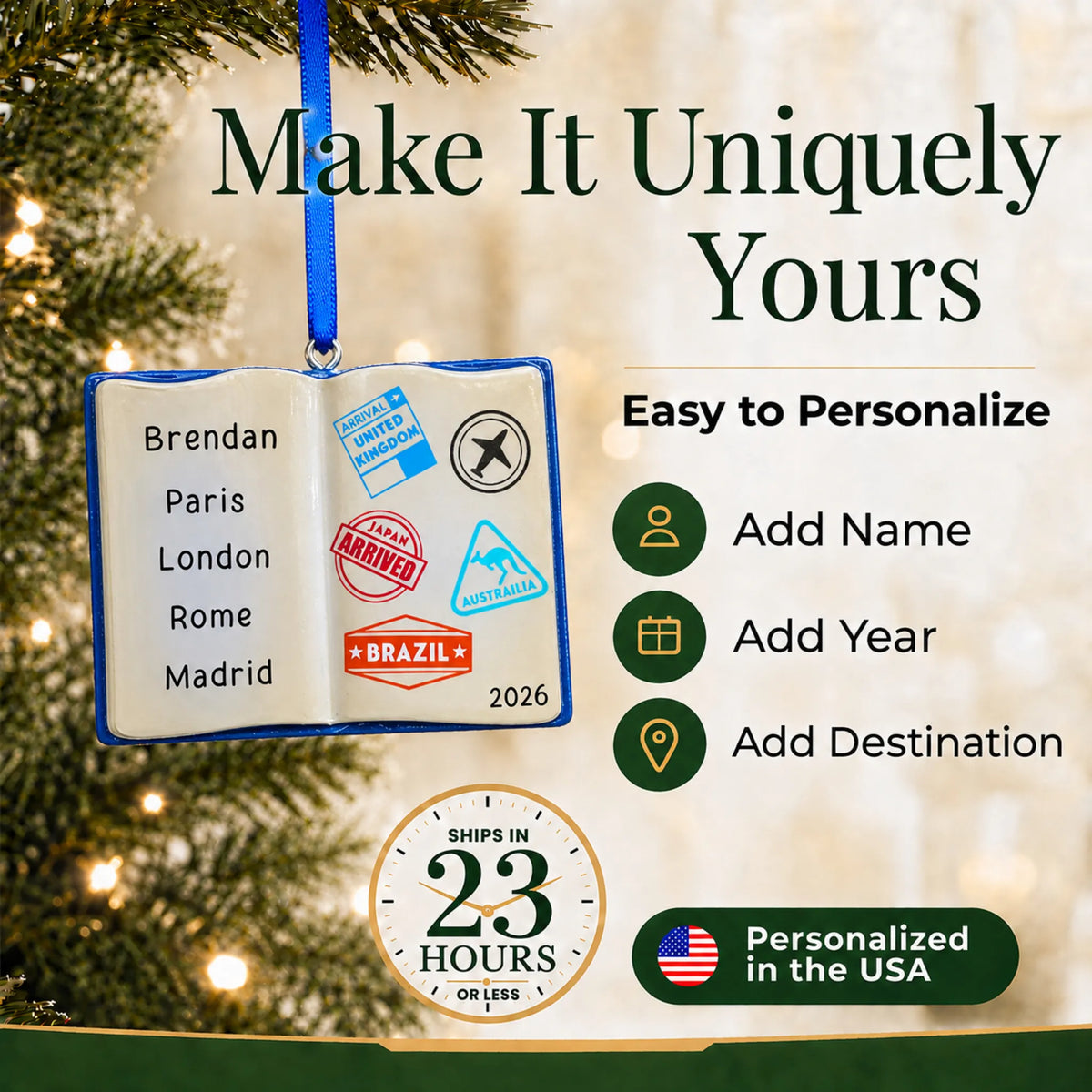 Make it yours: add name, year and destinations to the personalized travel passport christmas ornament