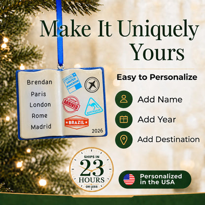 Make it yours: add name, year and destinations to the personalized travel passport christmas ornament