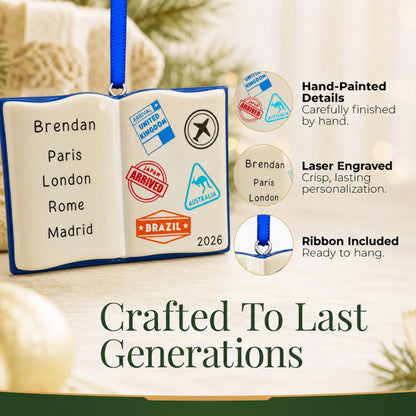 Hand-painted details and laser engraved personalization on the travel passport christmas ornament, ribbon included