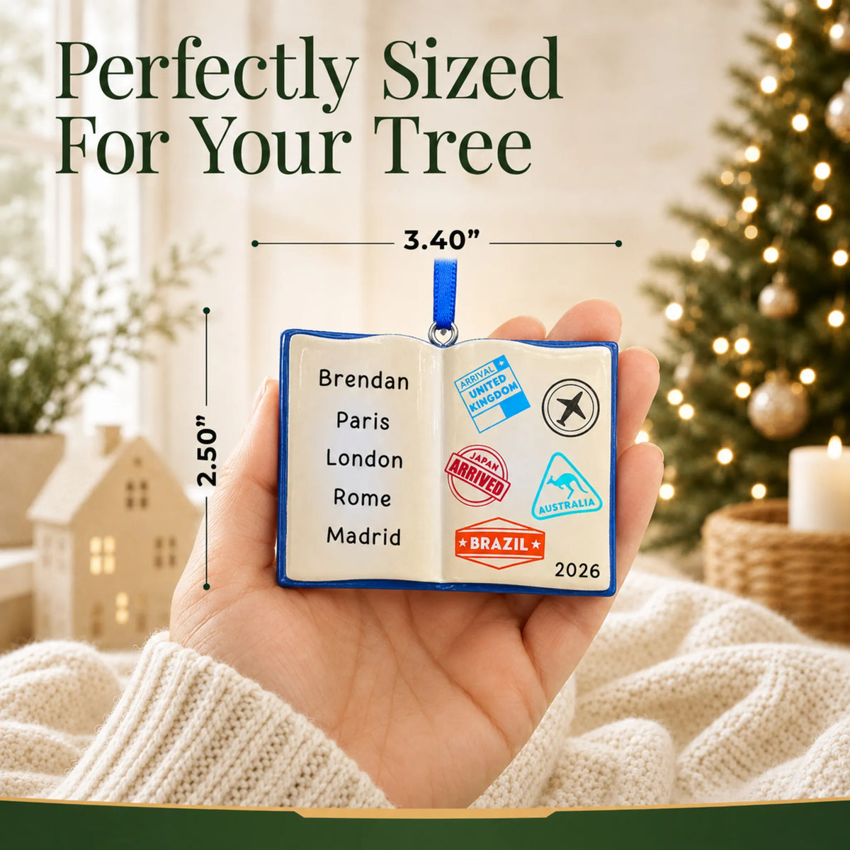 Size guide: the personalized travel passport christmas ornament is 3.40 in wide by 2.50 in tall, shown in hand