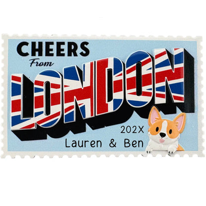 Personalized Christmas ornament with Cheers from London postcard design with Union Jack  and Corgi dog.