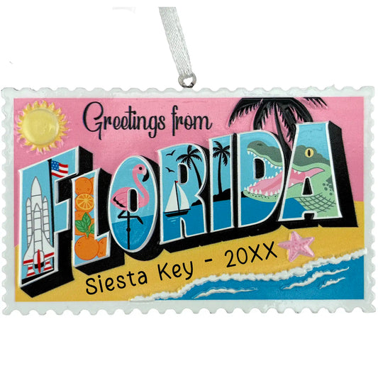 Personalized Florida postcard ornament with beach, alligator, flamingo, and custom location and year