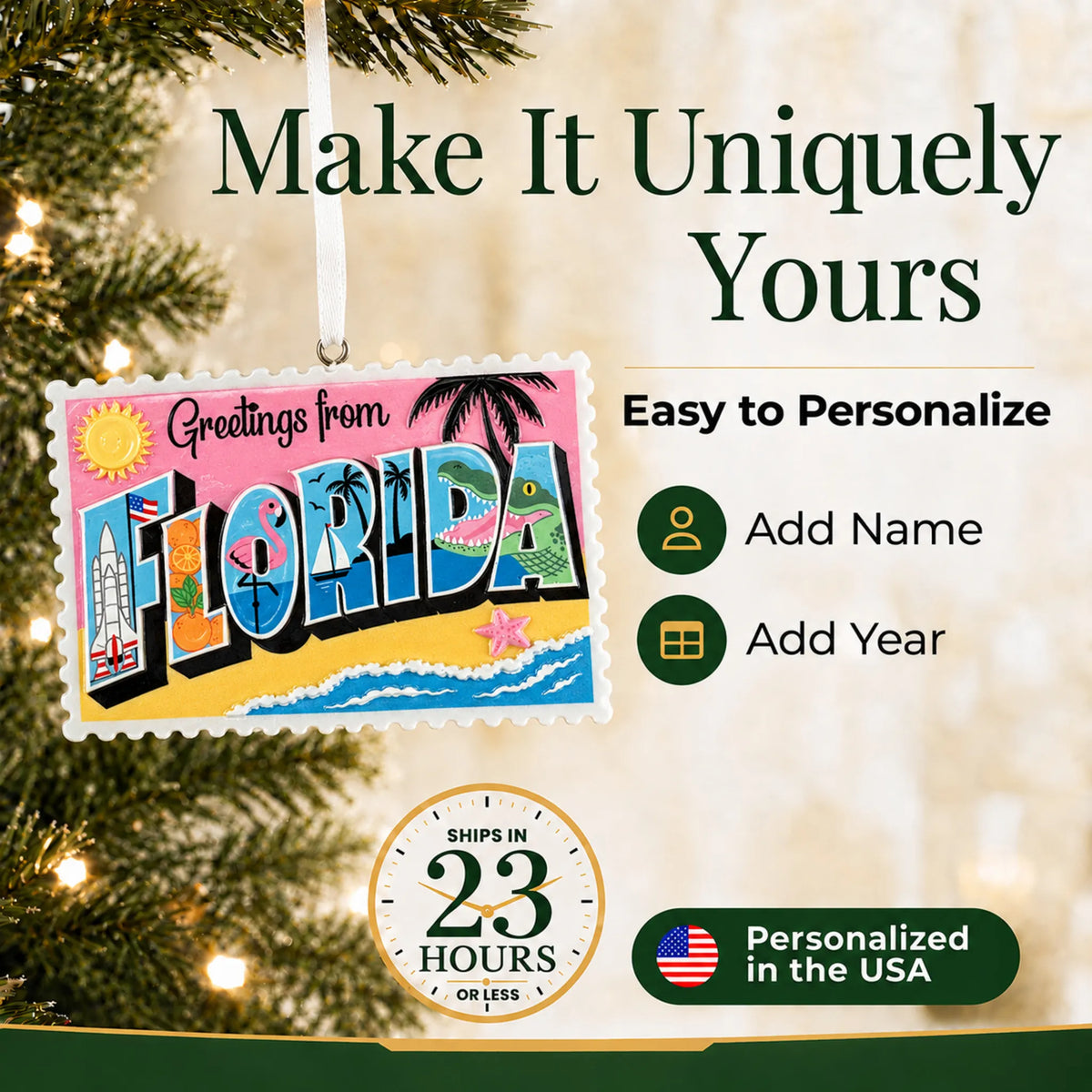 Make it yours: add name and year to the personalized Florida postcard christmas ornament