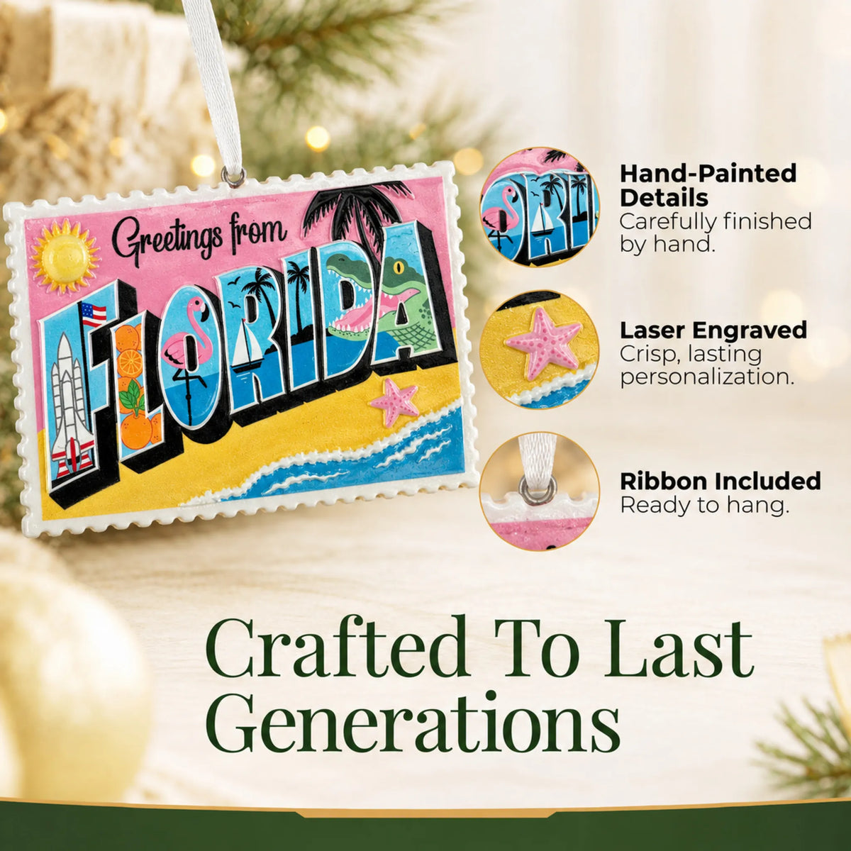 Hand-painted details and laser engraved personalization on the Florida postcard christmas ornament, ribbon included