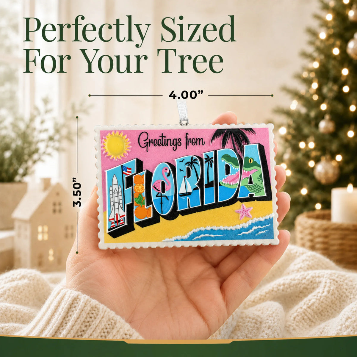 Size guide: the personalized Florida postcard christmas ornament is 4.00 in wide by 3.50 in tall, shown in hand