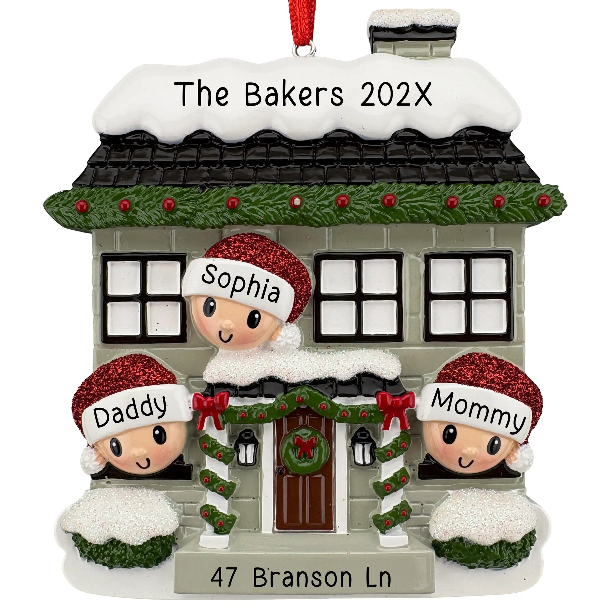 New home family of 3 personalized Christmas ornament, snowy house with three named Santa hats, family name on the roof, and address on the step