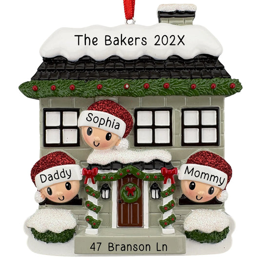 New home family of 3 personalized Christmas ornament, snowy house with three named Santa hats, family name on the roof, and address on the step