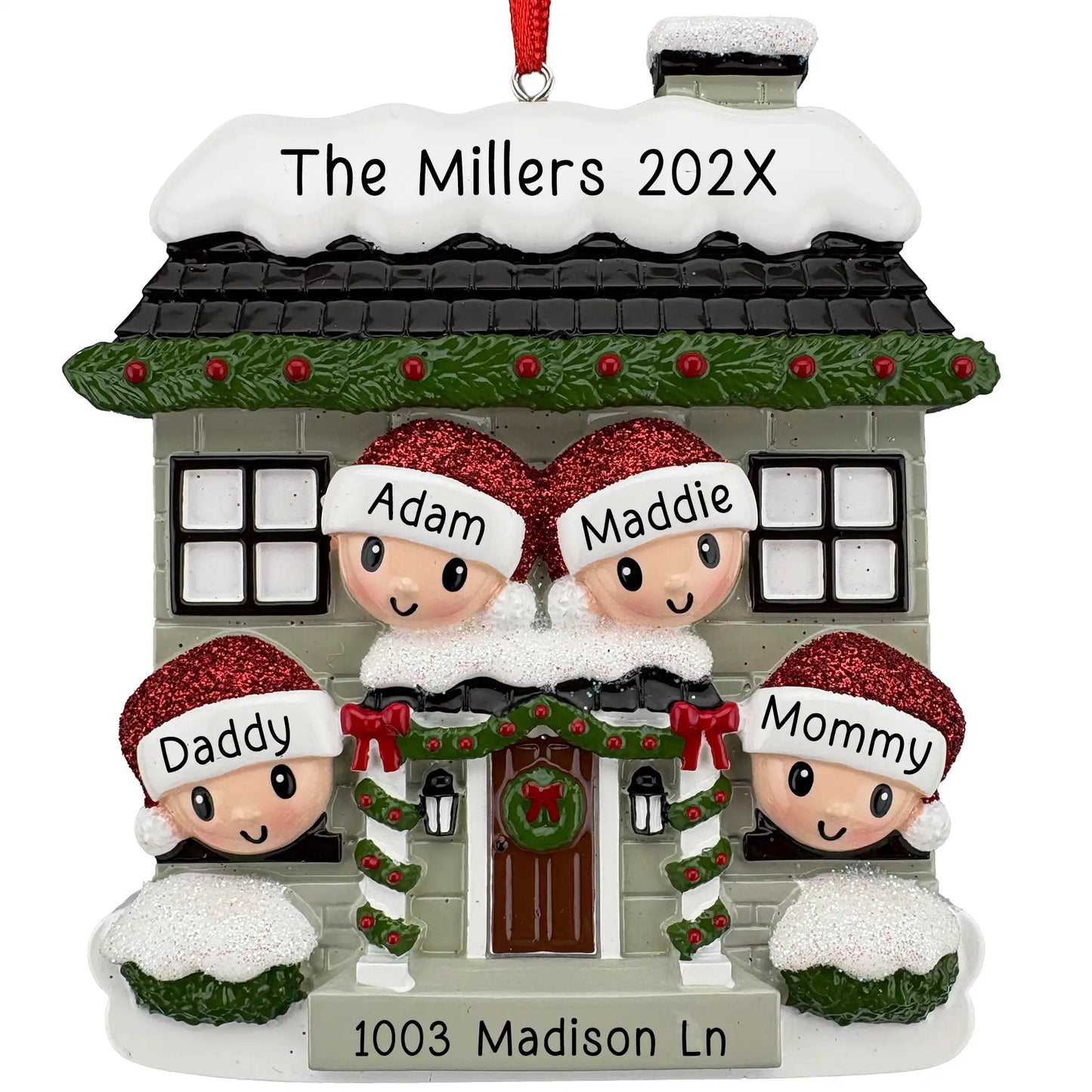 New home family of 4 personalized Christmas ornament, snowy house with four named Santa hats, family name on the roof, and address on the step