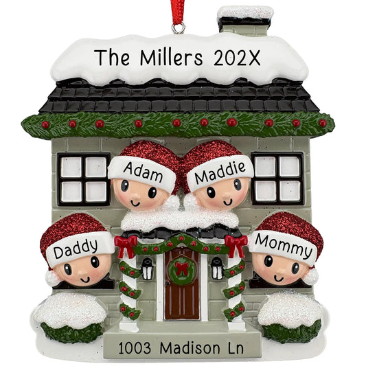 New home family of 4 personalized Christmas ornament, snowy house with four named Santa hats, family name on the roof, and address on the step