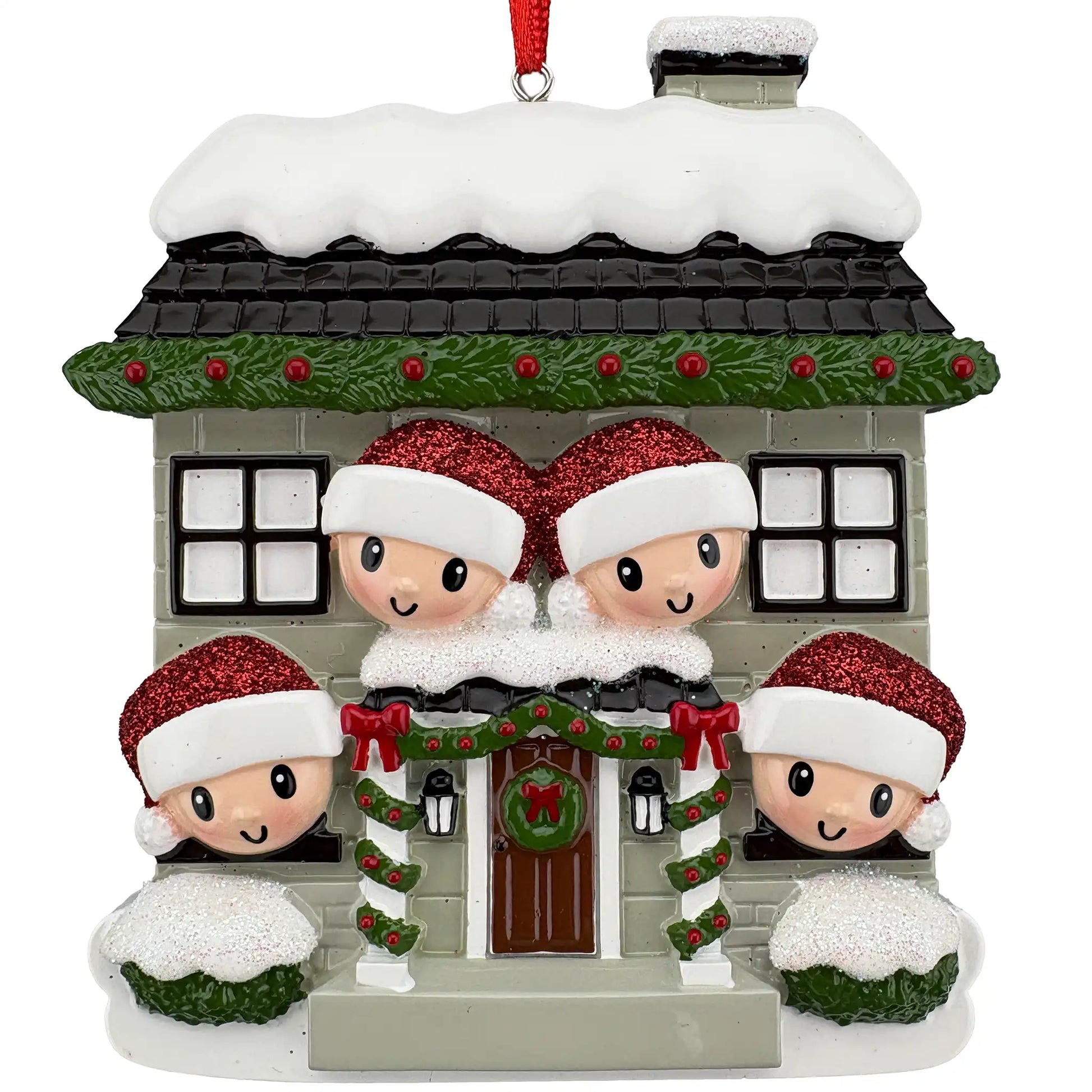 New home family of 4 personalized ornament shown blank, snowy stone house with four Santa hat faces before laser engraving