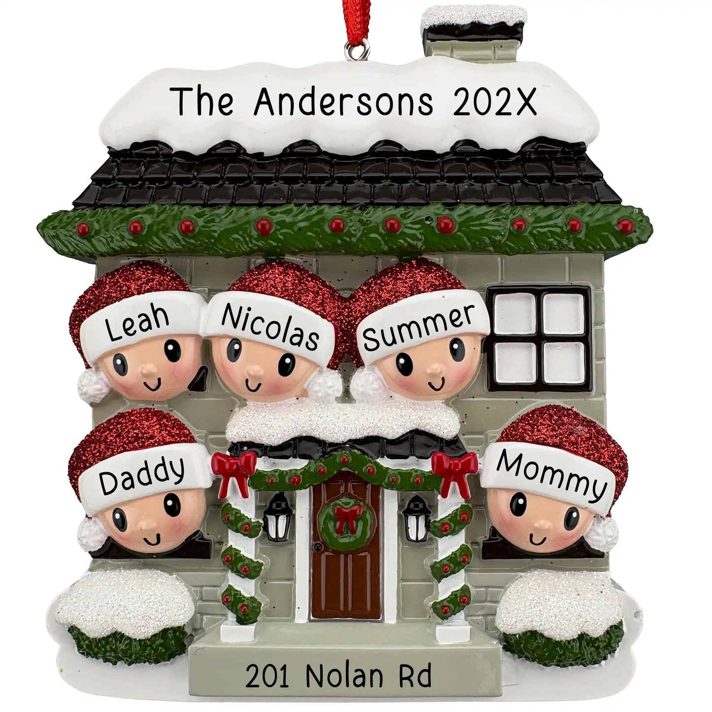 New home family of 5 personalized Christmas ornament, snowy house with five named Santa hats, family name on the roof, and address on the step