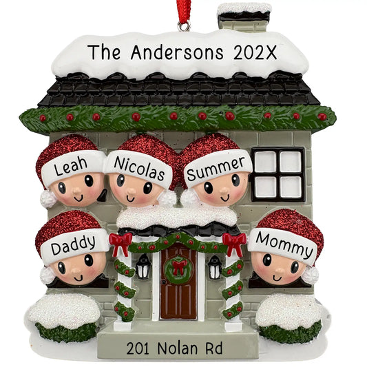 New home family of 5 personalized Christmas ornament, snowy house with five named Santa hats, family name on the roof, and address on the step