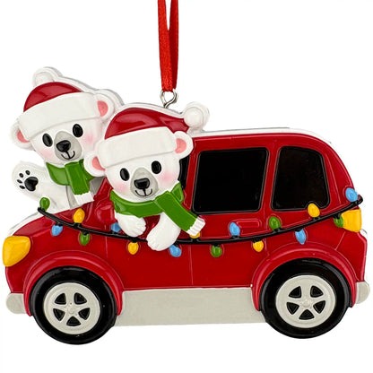 Two polar bears in Santa hats riding in a red Christmas car with lights, can be personalized with names and year