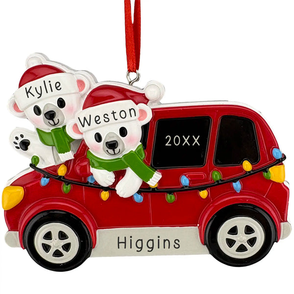 Polar Bears in Christmas Car Personalized Ornament engraved names festive couple keepsake
