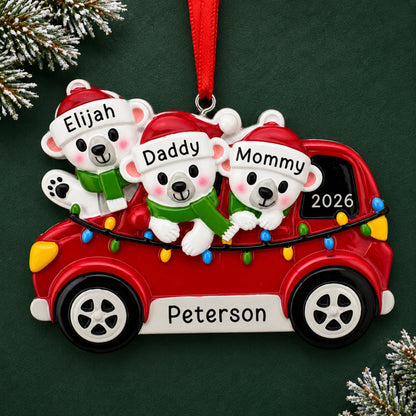 Personalized polar bears family of 3 Christmas ornament in a red car, names Elijah, Daddy, Mommy and family name Peterson