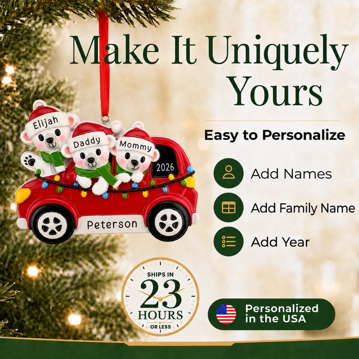 Personalized polar bears family of 3 Christmas ornament, easy to add names, family name and year, shipped in 23 hours