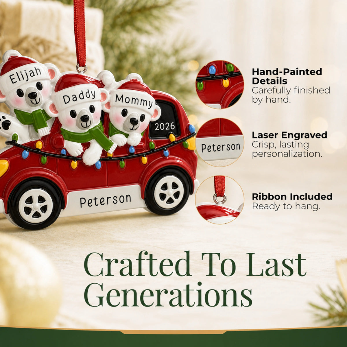 Personalized polar bears family of 3 Christmas ornament: hand-painted finish, laser-engraved names and ribbon to hang