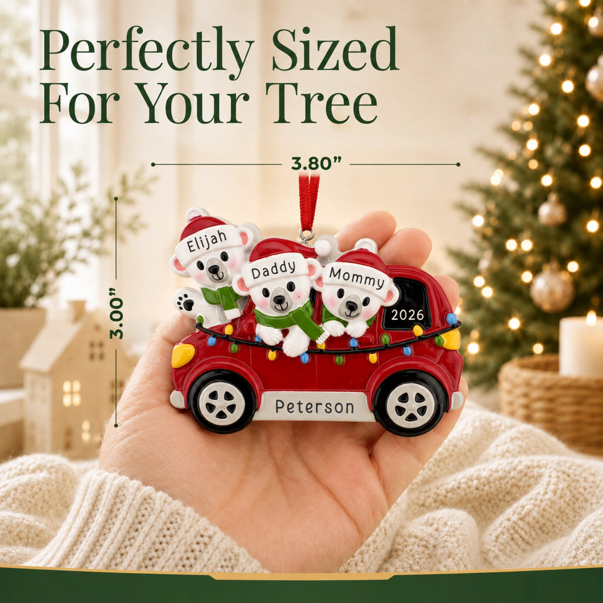 Personalized polar bears family of 3 Christmas ornament held in hand, about 3.8 inches, sized to fit your tree