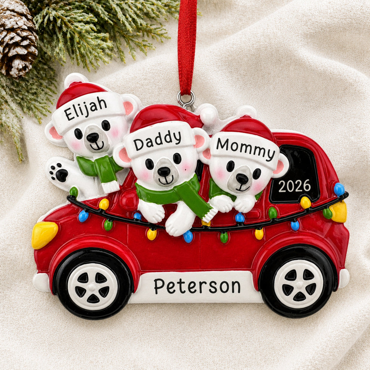 Personalized polar bears family of 3 Christmas ornament in a red car on soft knit, names and family name engraved