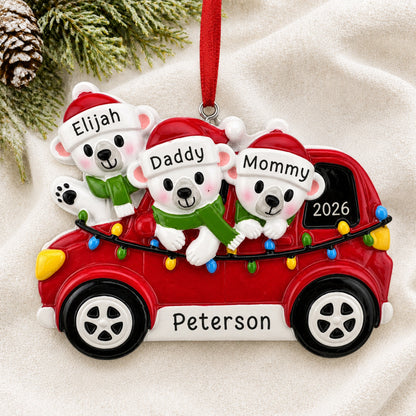 Personalized polar bears family of 3 Christmas ornament in a red car on soft knit, names and family name engraved