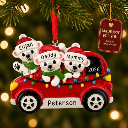 Personalized polar bears family of 3 Christmas ornament in a red car hanging on a tree with a Made Just For You tag