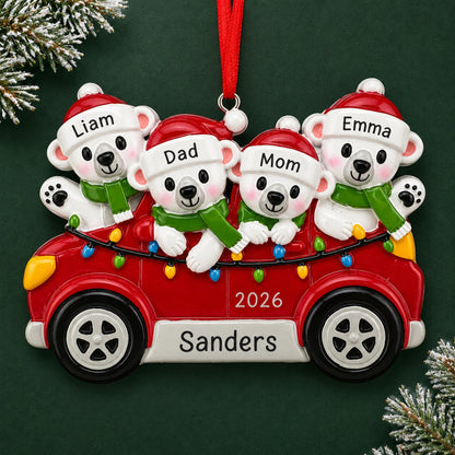 Personalized polar bears family of 4 Christmas ornament in a red car, names Liam, Dad, Mom, Emma and family name Sanders