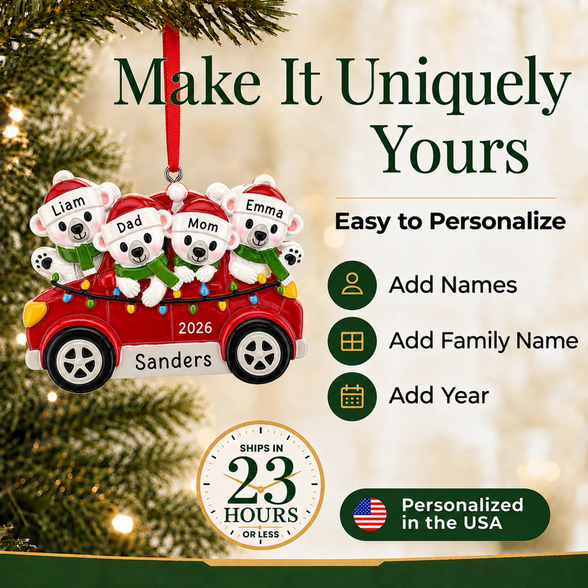 Personalized polar bears family of 4 Christmas ornament, easy to add names, family name and year, shipped in 23 hours