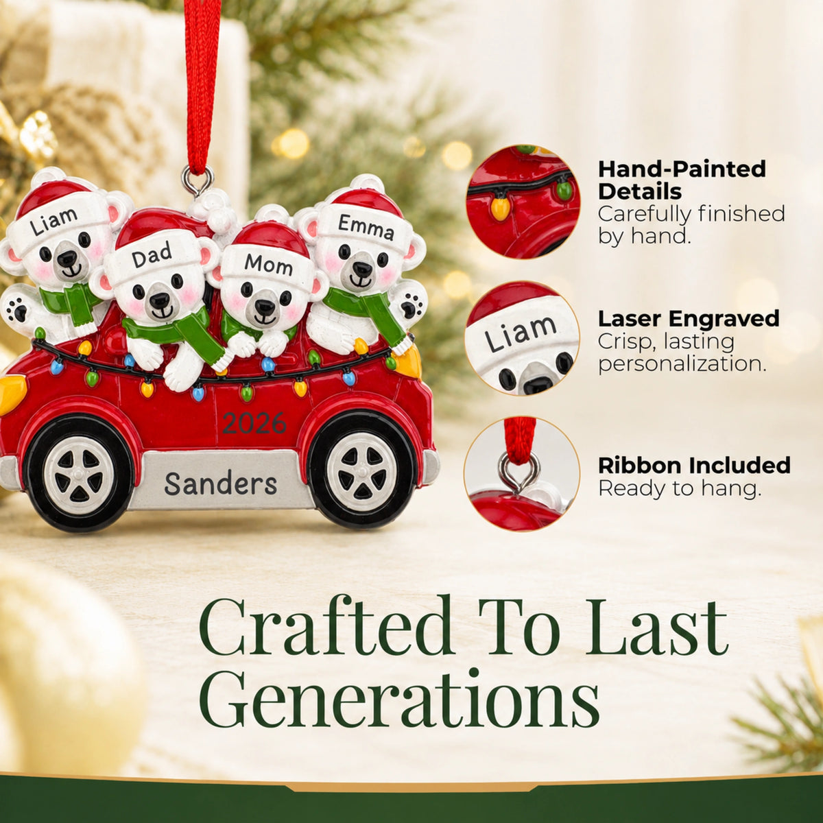 Personalized polar bears family of 4 Christmas ornament: hand-painted finish, laser-engraved names and ribbon to hang