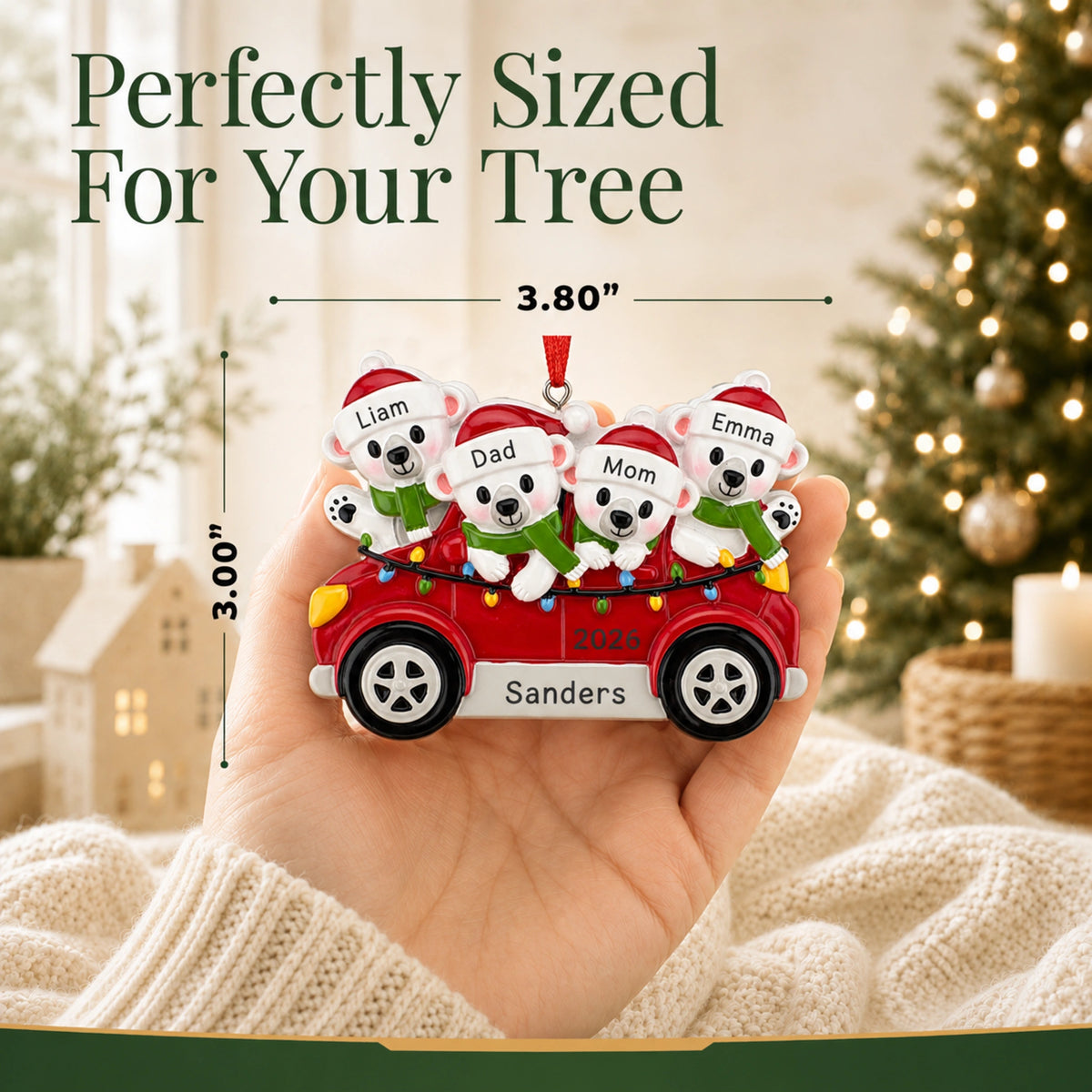 Personalized polar bears family of 4 Christmas ornament held in hand, about 3.8 inches, sized to fit your tree