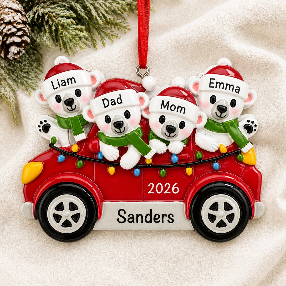 Personalized polar bears family of 4 Christmas ornament in a red car on soft knit, names and family name engraved